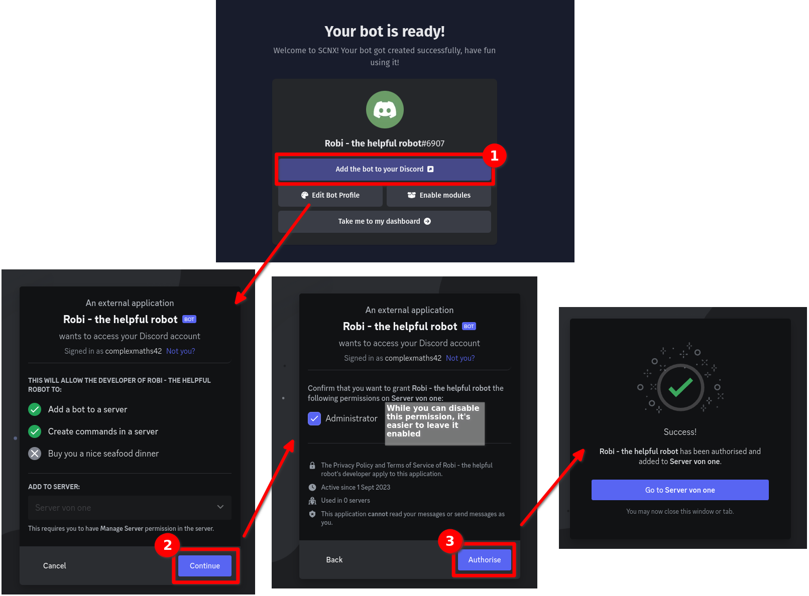 Discord's OAuth2 authorization screen asking you to select a server and authorize the bot